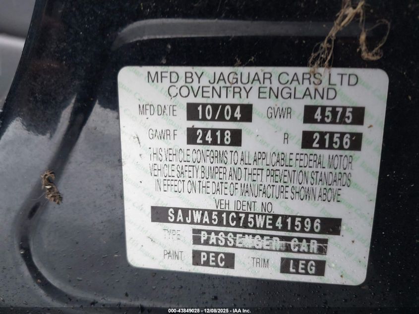 2005 Jaguar X-Type 3.0 VIN: SAJWA51C75WE41596 Lot: 43849028