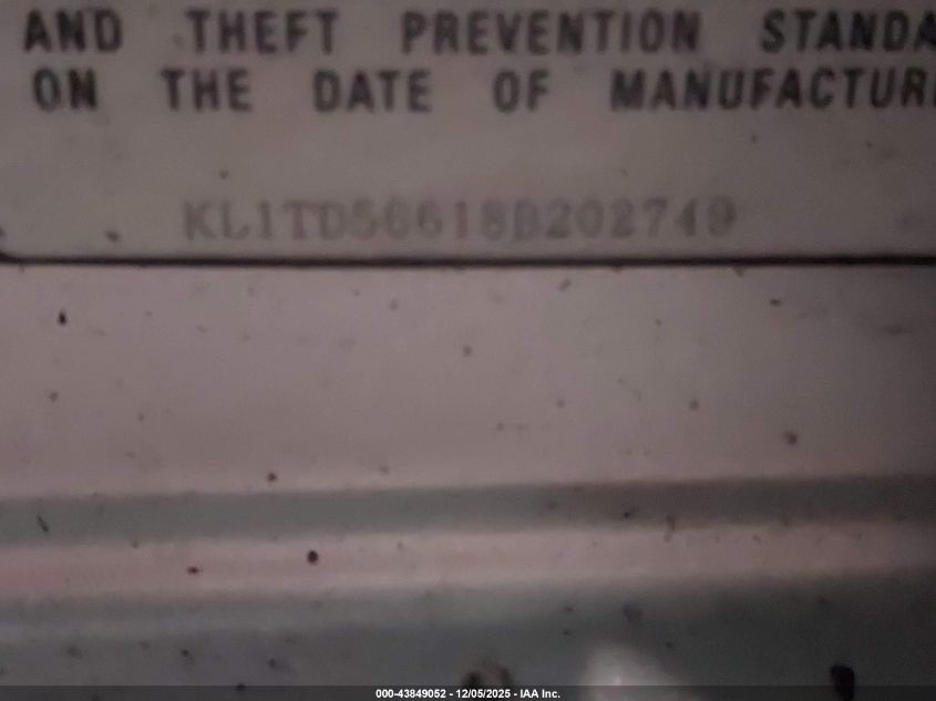 2008 Chevrolet Aveo Ls VIN: KL1TD56618B202749 Lot: 43849052