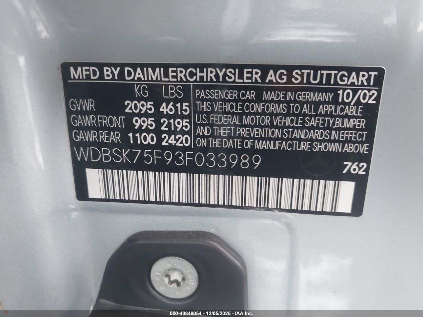 2003 Mercedes-Benz Sl 500 VIN: WDBSK75F93F033989 Lot: 43849054