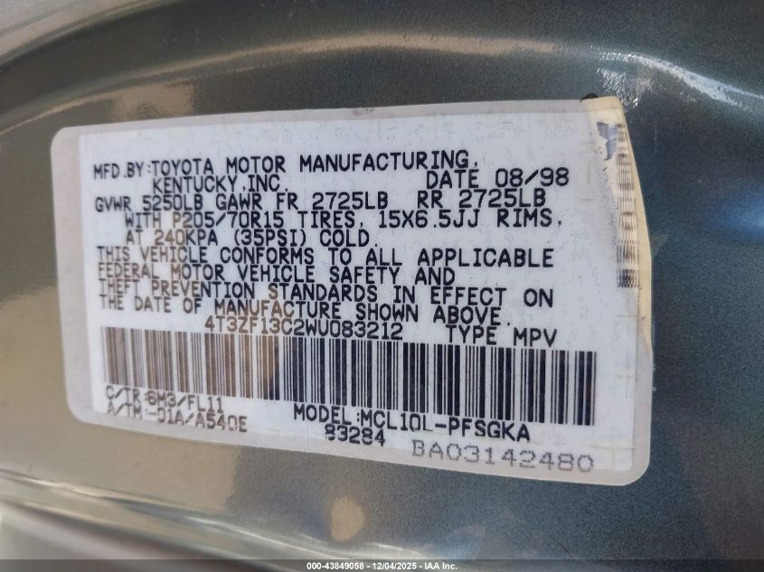 1998 Toyota Sienna Le VIN: 4T3ZF13C2WU083212 Lot: 43849058