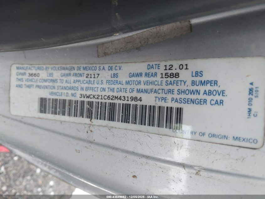 2002 Volkswagen New Beetle Gls VIN: 3VWCK21C62M431984 Lot: 43849062