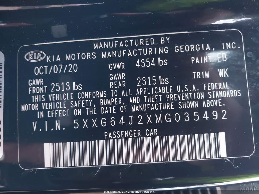 2021 Kia K5 Gt-Line VIN: 5XXG64J2XMG035492 Lot: 43849077
