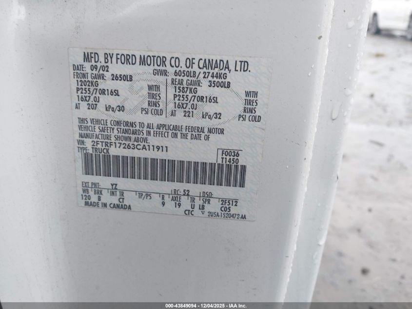 2003 Ford F-150 Xl/Xlt VIN: 2FTRF17263CA11911 Lot: 43849094
