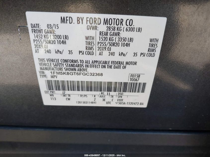 2015 Ford Explorer Sport VIN: 1FM5K8GT6FGC32368 Lot: 43849097