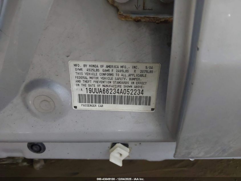 2004 Acura Tl VIN: 19UUA66234A052234 Lot: 43849108