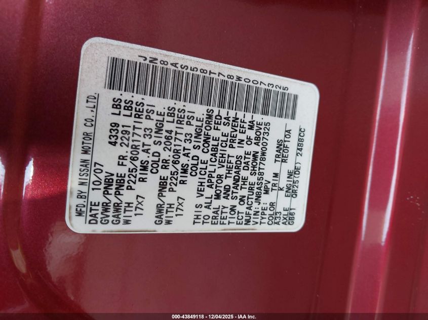 2008 Nissan Rogue Sl VIN: JN8AS58T78W007325 Lot: 43849118