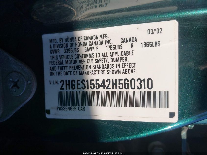 2002 Honda Civic Lx VIN: 2HGES15542H560310 Lot: 43849117