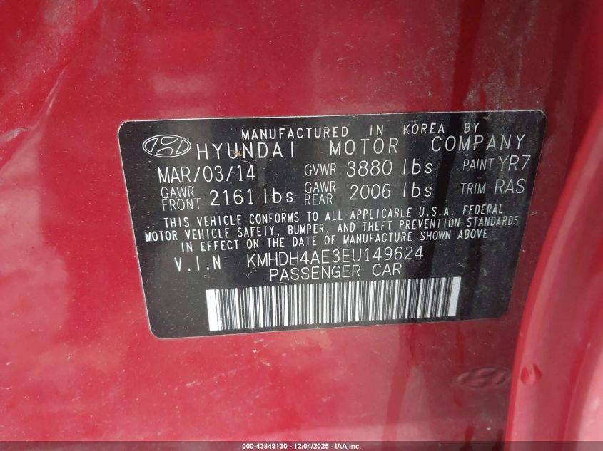 2014 Hyundai Elantra Se VIN: KMHDH4AE3EU149624 Lot: 43849130