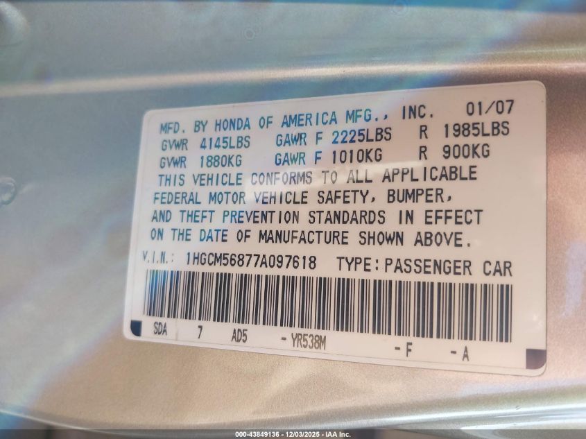 2007 Honda Accord 2.4 Ex VIN: 1HGCM56877A097618 Lot: 43849136