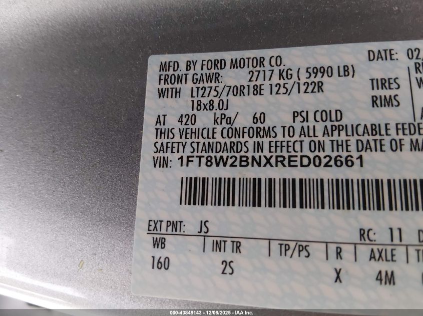 2024 Ford F-250 Xlt VIN: 1FT8W2BNXRED02661 Lot: 43849143