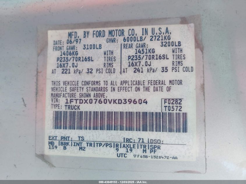 1997 Ford F-150 Lariat/Standard/Xl/Xlt VIN: 1FTDX0760VKD39604 Lot: 43849153