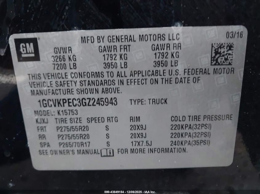 2016 Chevrolet Silverado 1500 Custom VIN: 1GCVKPEC3GZ245943 Lot: 43849154