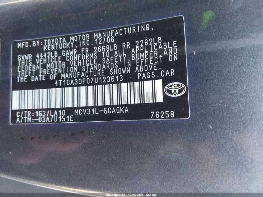2007 Toyota Camry Solara Sle V6 VIN: 4T1CA30P07U123613 Lot: 43849156
