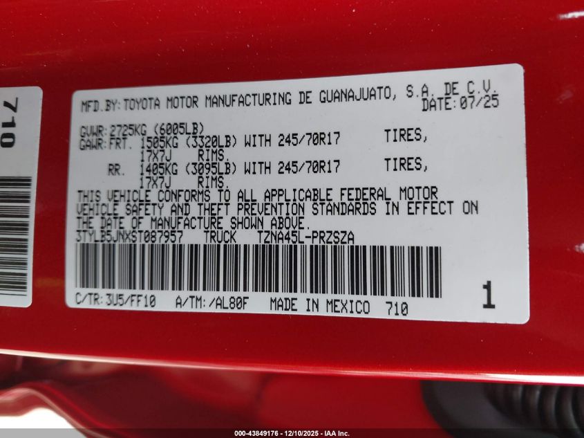 2025 Toyota Tacoma Sr5 VIN: 3TYLB5JNXST087957 Lot: 43849176