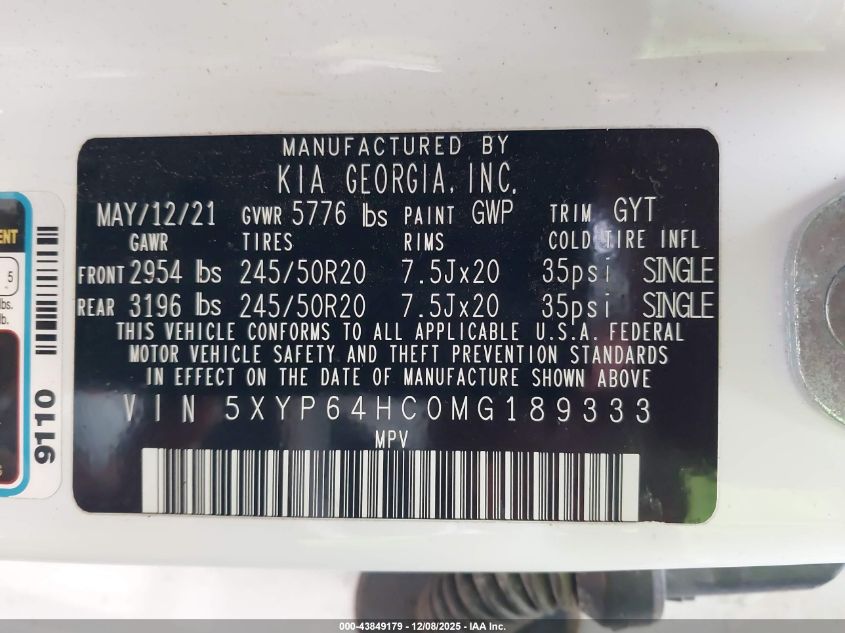 2021 Kia Telluride S VIN: 5XYP64HC0MG189333 Lot: 43849179