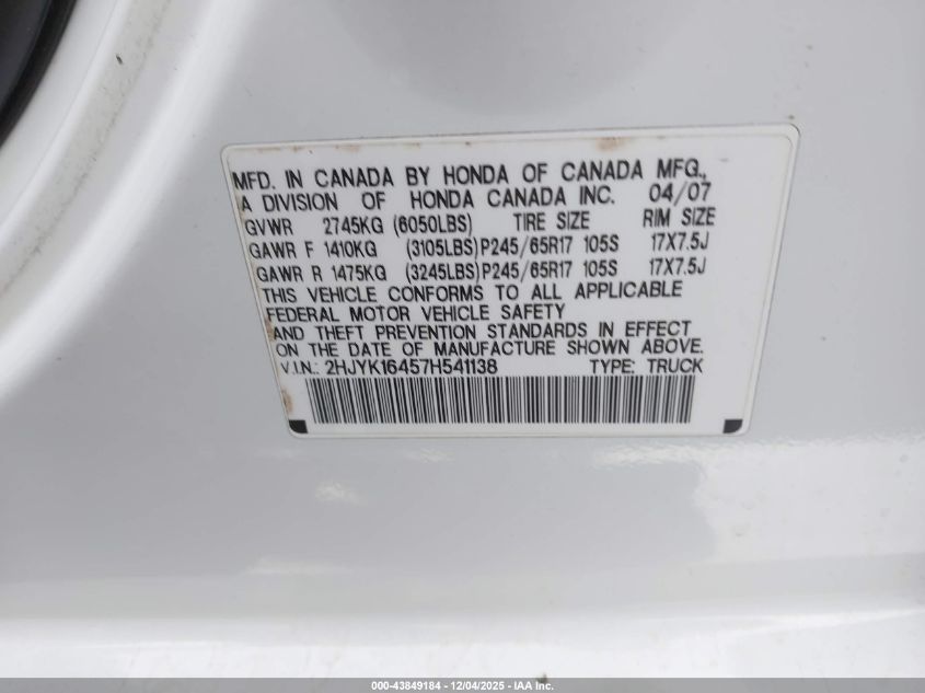 2007 Honda Ridgeline Rts VIN: 2HJYK16457H541138 Lot: 43849184