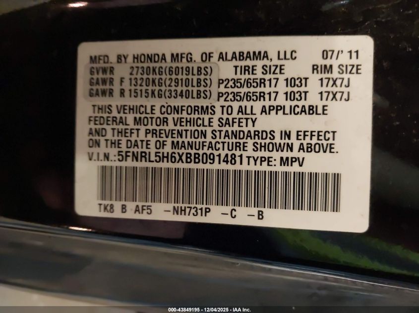 2011 Honda Odyssey Ex-L VIN: 5FNRL5H6XBB091481 Lot: 43849195