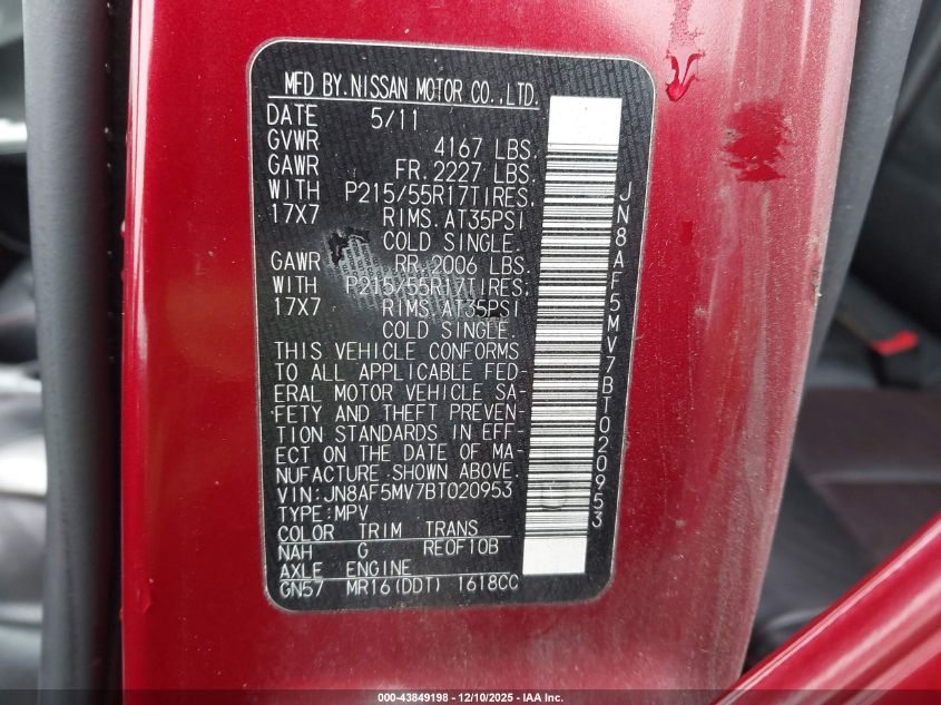 2011 Nissan Juke Sl VIN: JN8AF5MV7BT020953 Lot: 43849198