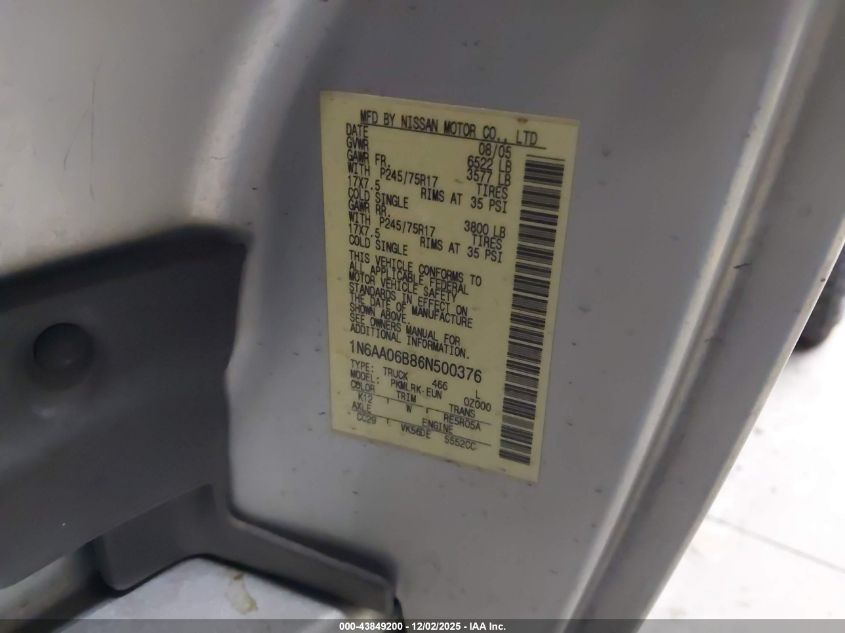 2006 Nissan Titan Xe VIN: 1N6AA06B86N500376 Lot: 43849200