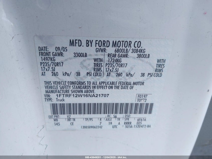 1FTRF12W16NA21707 2006 FORD F-150 photo no. 9