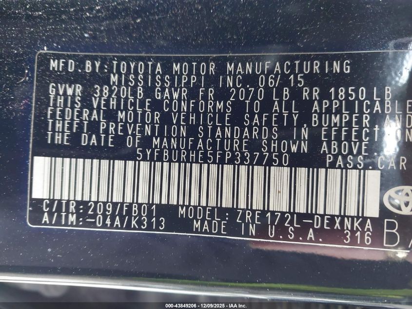 2015 Toyota Corolla Le VIN: 5YFBURHE5FP337750 Lot: 43849206