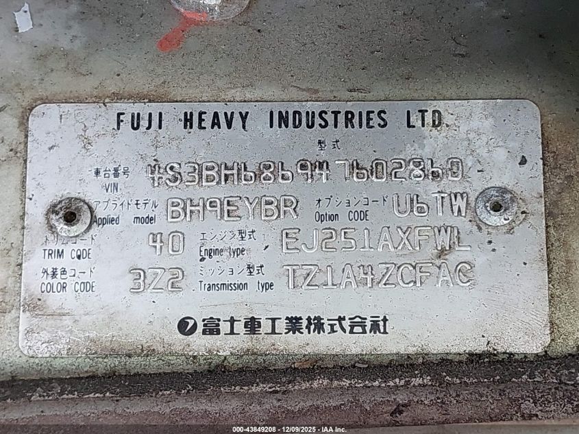 2004 Subaru Outback Limited VIN: 4S3BH686947602860 Lot: 43849208