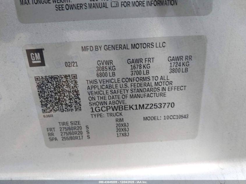 2021 Chevrolet Silverado 1500 2Wd Short Bed Custom VIN: 1GCPWBEK1MZ253770 Lot: 43849209