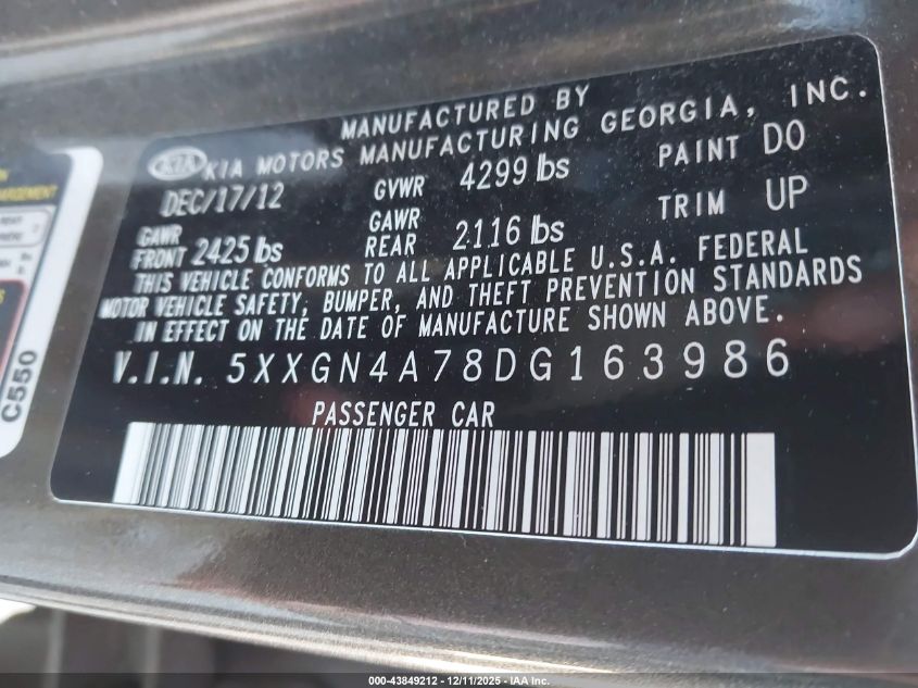 2013 Kia Optima Ex VIN: 5XXGN4A78DG163986 Lot: 43849212