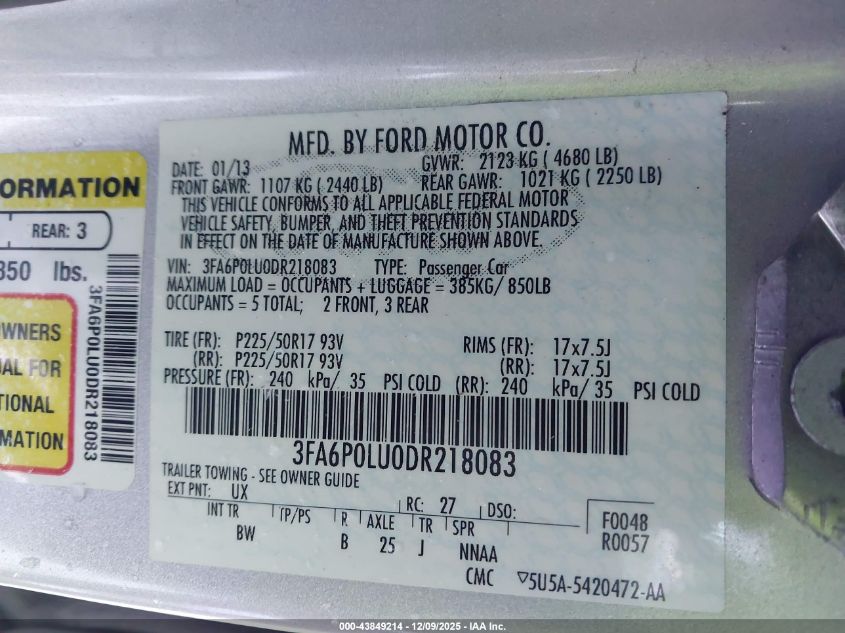 2013 Ford Fusion Hybrid Se VIN: 3FA6P0LU0DR218083 Lot: 43849214