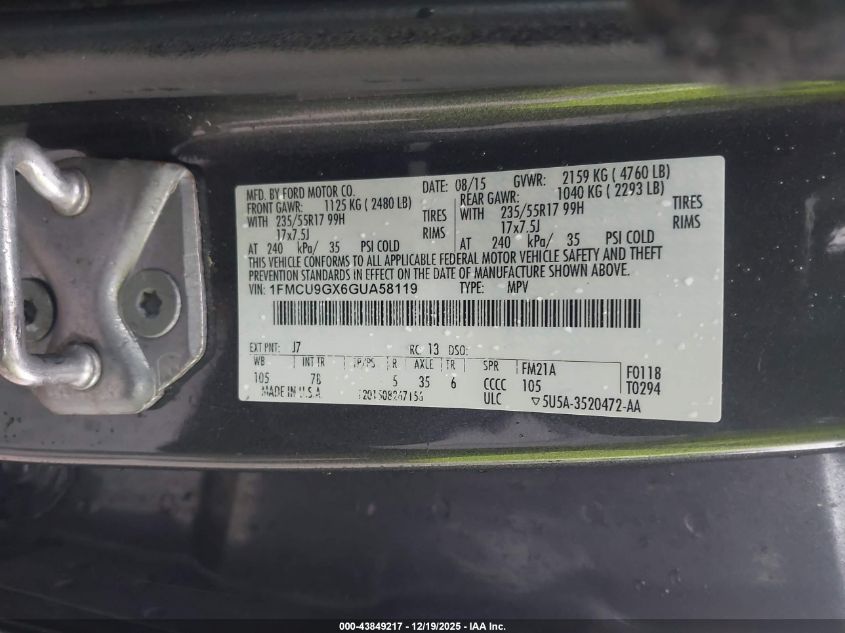 2016 Ford Escape Se VIN: 1FMCU9GX6GUA58119 Lot: 43849217