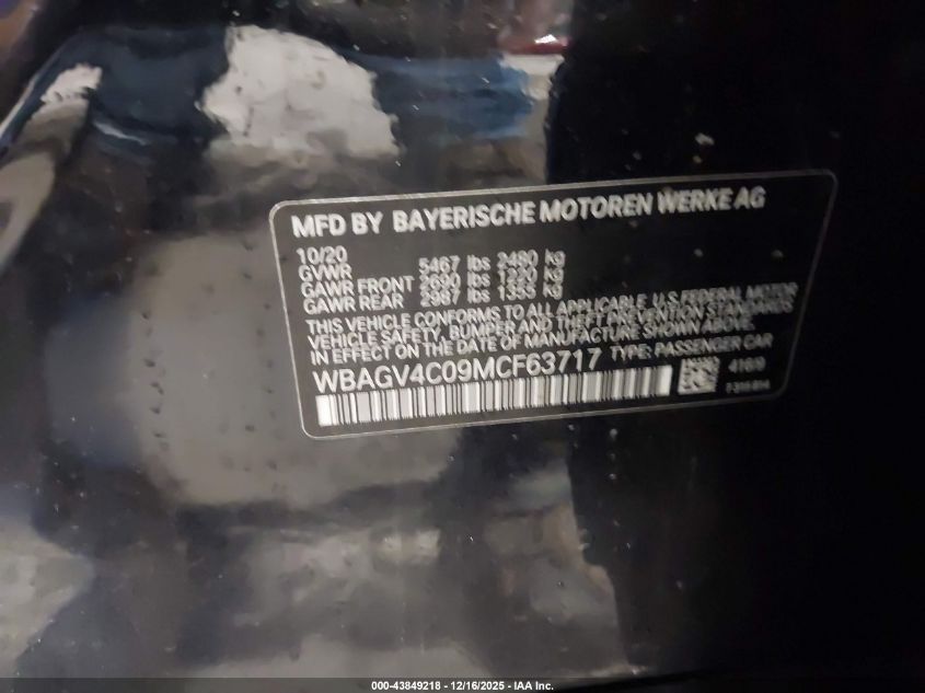 2021 BMW 840I Gran Coupe xDrive VIN: WBAGV4C09MCF63717 Lot: 43849218