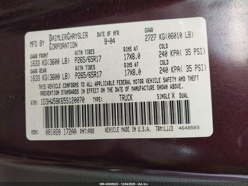2005 Dodge Dakota Laramie VIN: 1D3HW58K65S120070 Lot: 43849222