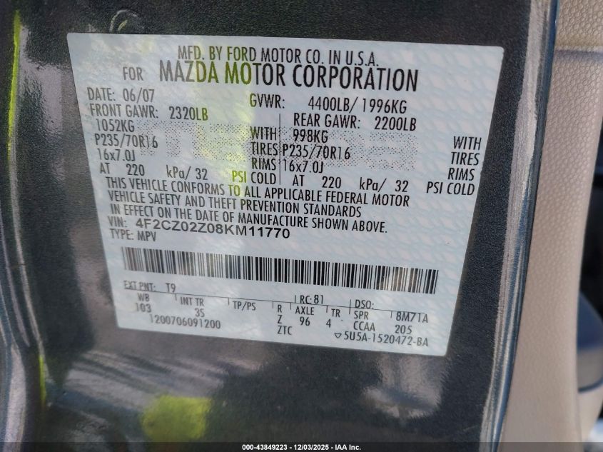 2008 Mazda Tribute I Sport VIN: 4F2CZ02Z08KM11770 Lot: 43849223