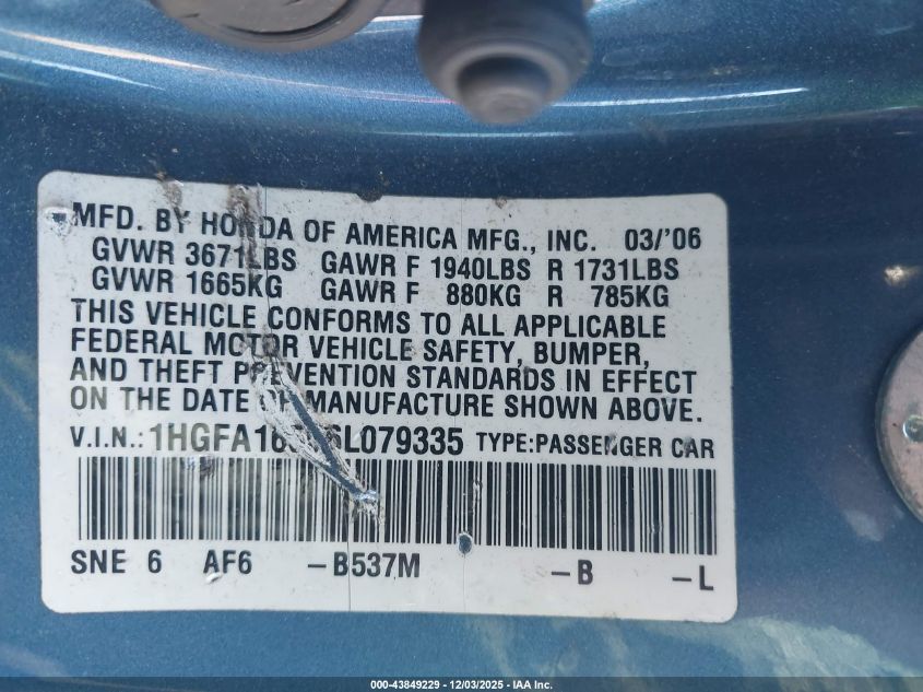 2006 Honda Civic Lx VIN: 1HGFA16556L079335 Lot: 43849229