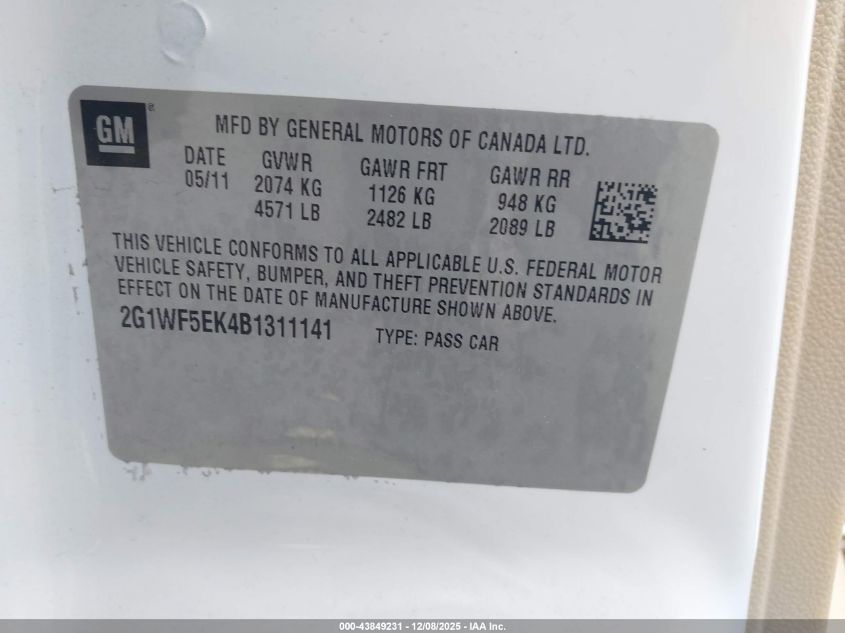 2011 Chevrolet Impala Ls VIN: 2G1WF5EK4B1311141 Lot: 43849231