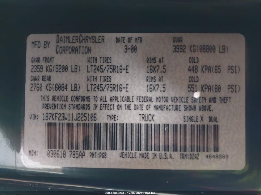 2001 Dodge Ram 2500 St VIN: 1B7KF23W11J225106 Lot: 43849234