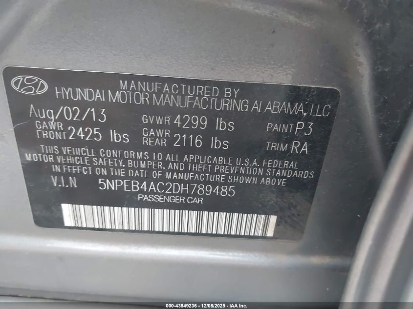 2013 Hyundai Sonata Gls VIN: 5NPEB4AC2DH789485 Lot: 43849236