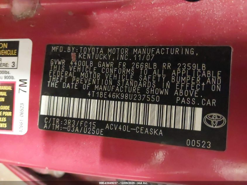 2008 Toyota Camry Se VIN: 4T1BE46K98U237550 Lot: 43849237