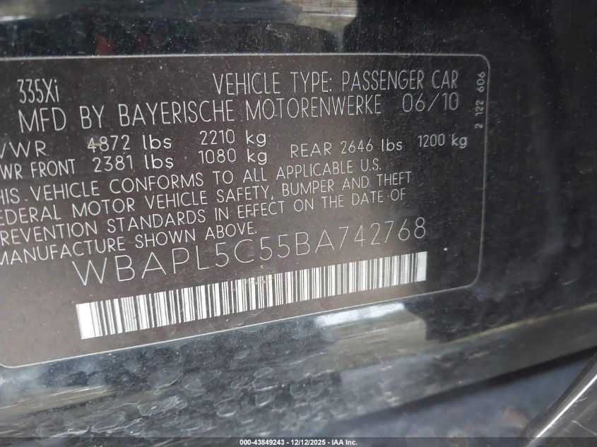 2011 BMW 335I xDrive VIN: WBAPL5C55BA742768 Lot: 43849243