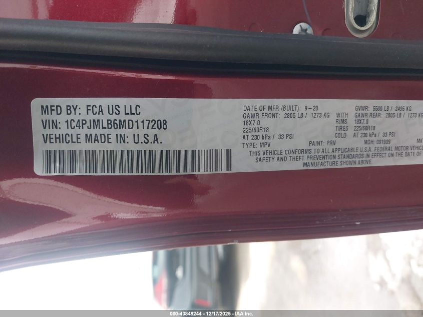 2021 Jeep Cherokee Altitude 4X4 VIN: 1C4PJMLB6MD117208 Lot: 43849244