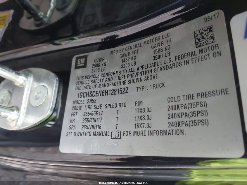2017 Chevrolet Colorado Lt VIN: 1GCHSCEN6H1281522 Lot: 43849245