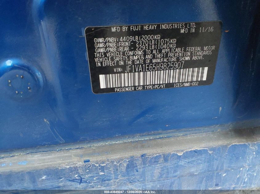 2017 Subaru Wrx Premium VIN: JF1VA1E65H9825907 Lot: 43849247