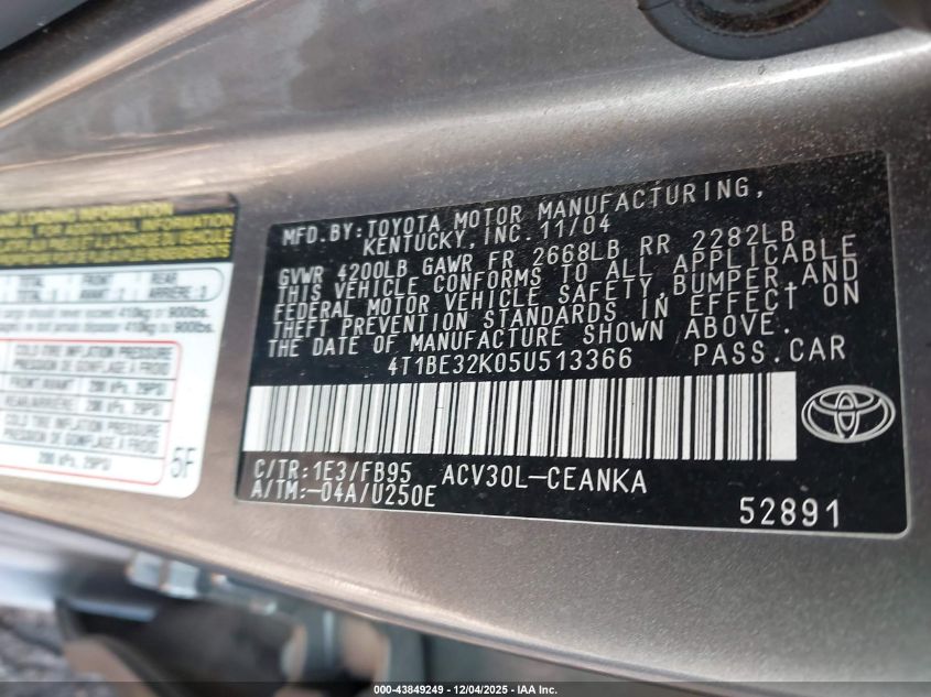 2005 Toyota Camry Le VIN: 4T1BE32K05U513366 Lot: 43849249