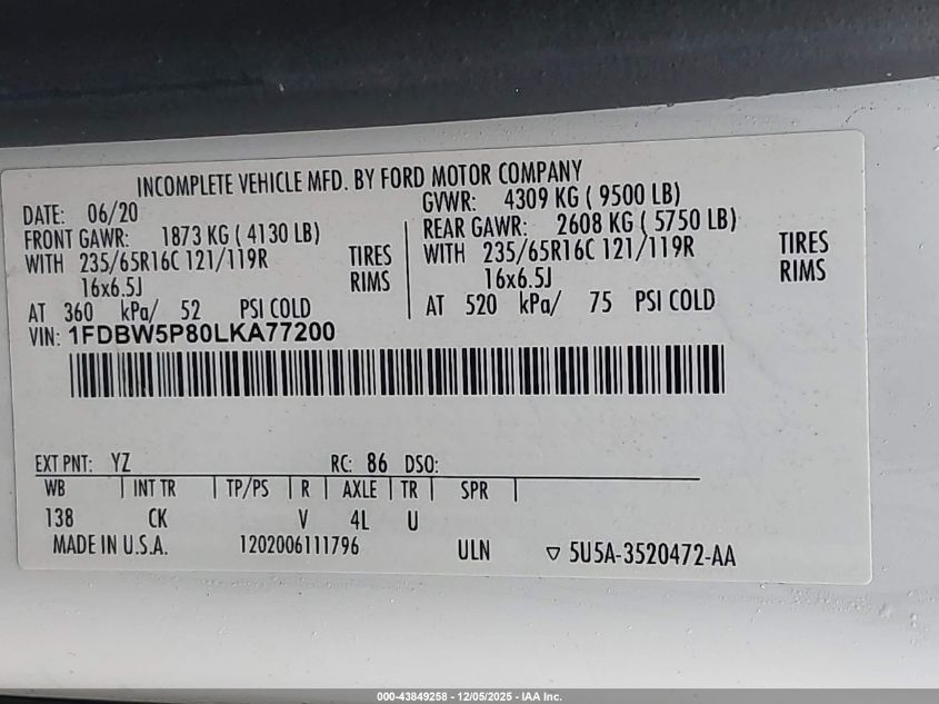 2020 Ford Transit-350 Cutaway VIN: 1FDBW5P80LKA77200 Lot: 43849258