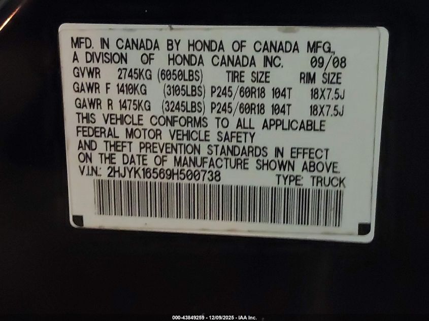 2009 Honda Ridgeline Rtl VIN: 2HJYK16569H500738 Lot: 43849259