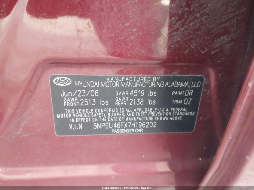 2007 Hyundai Sonata Limited/Se V6 VIN: 5NPEU46FX7H196202 Lot: 43849265