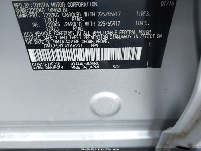 2016 Toyota Rav4 Hybrid Xle VIN: JTMRJREVXGD016237 Lot: 43849272