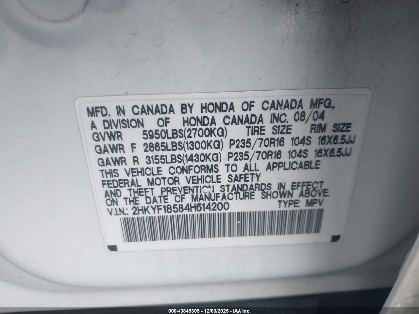 2004 Honda Pilot Ex-L VIN: 2HKYF18584H614200 Lot: 43849305