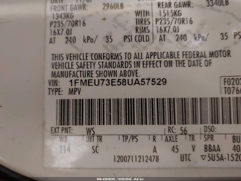 2008 Ford Explorer Xlt VIN: 1FMEU73E58UA57529 Lot: 43849325