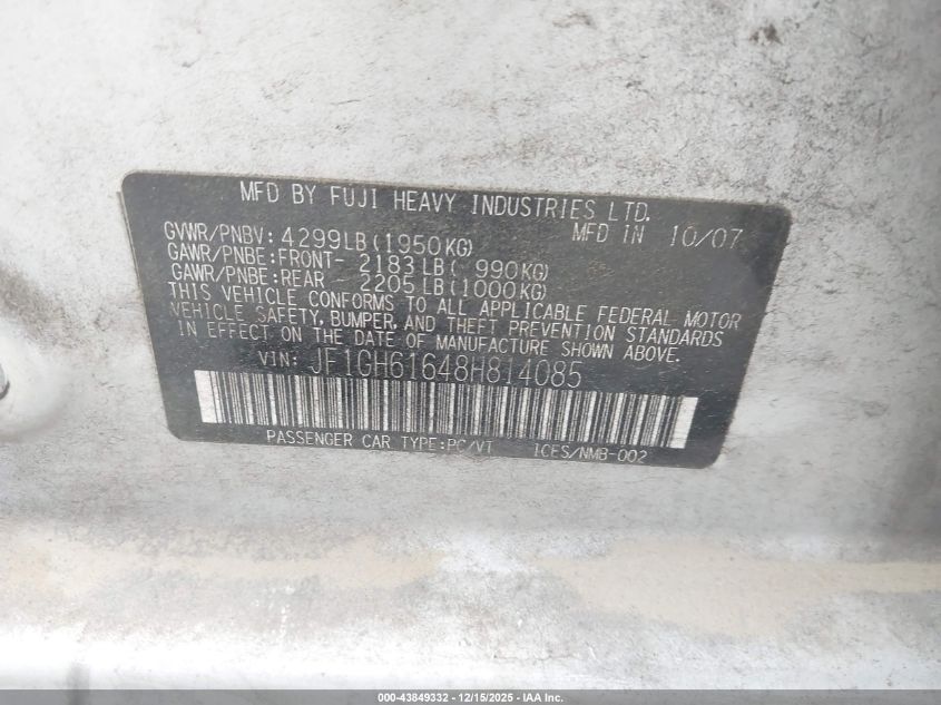 2008 Subaru Impreza 2.5I VIN: JF1GH61648H814085 Lot: 43849332